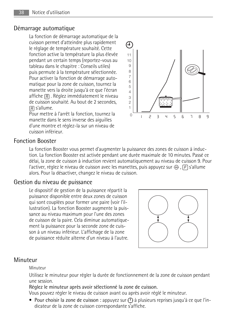 Démarrage automatique, Fonction booster, Gestion du niveau de puissance | Minuteur | AEG HC652600EB User Manual | Page 38 / 60