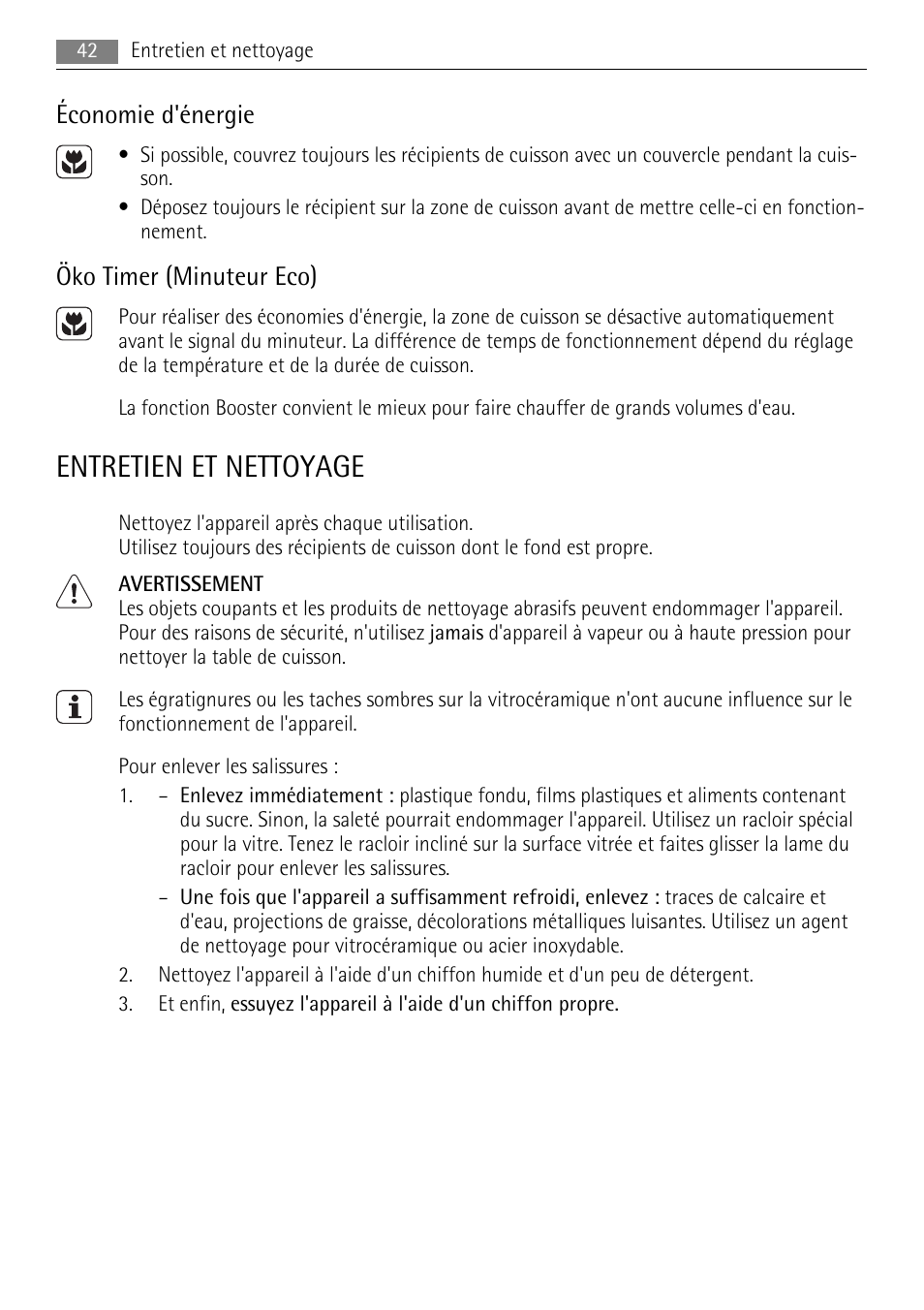 Entretien et nettoyage, Économie d'énergie, Öko timer (minuteur eco) | AEG HC652600EB User Manual | Page 42 / 60