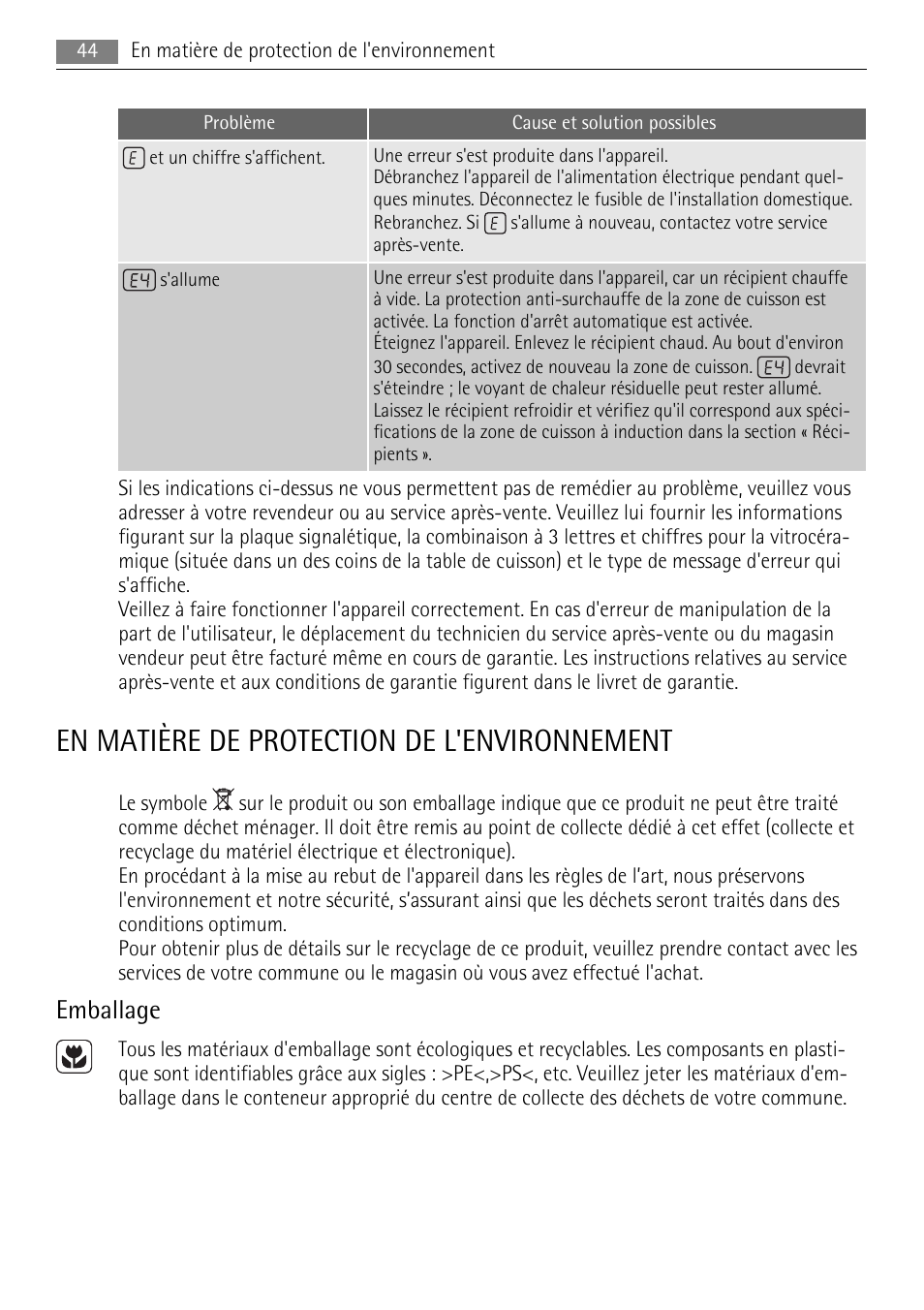 En matière de protection de l'environnement, Emballage | AEG HC652600EB User Manual | Page 44 / 60