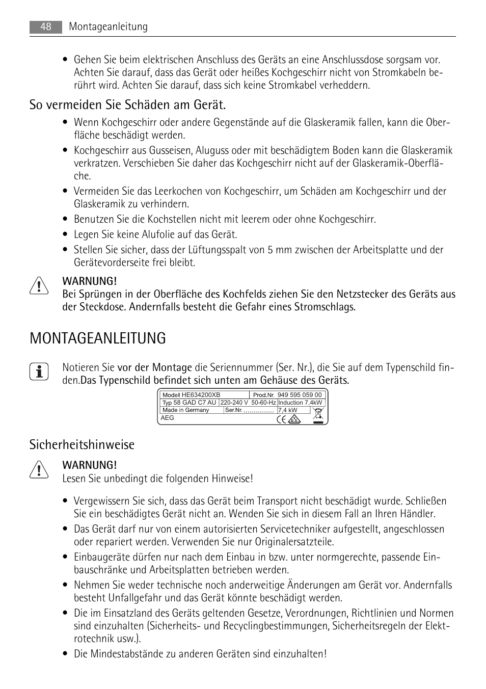 Montageanleitung, So vermeiden sie schäden am gerät, Sicherheitshinweise | AEG HC652600EB User Manual | Page 48 / 60
