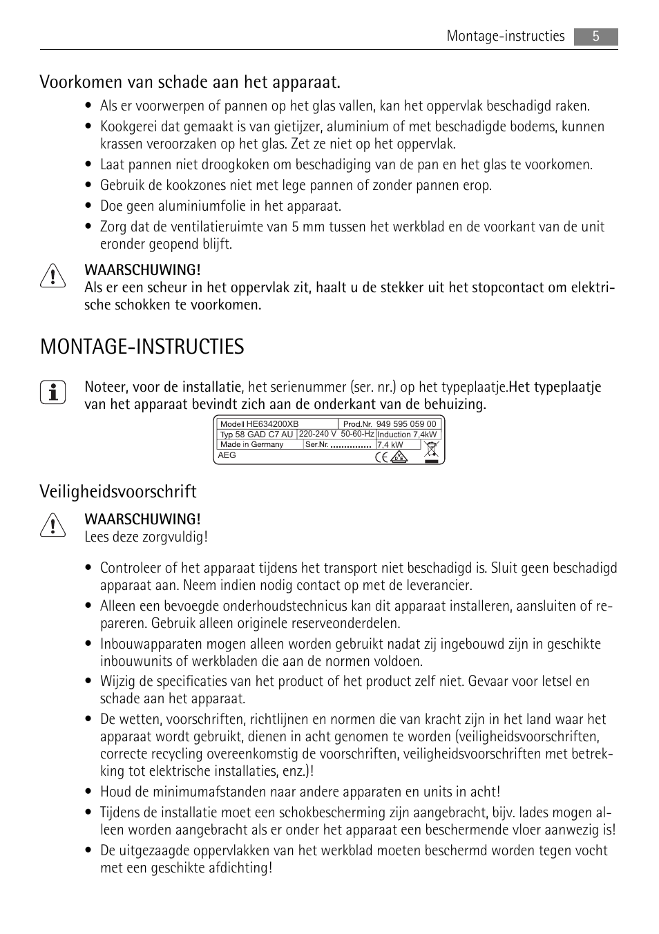 Montage-instructies, Voorkomen van schade aan het apparaat, Veiligheidsvoorschrift | AEG HC652600EB User Manual | Page 5 / 60