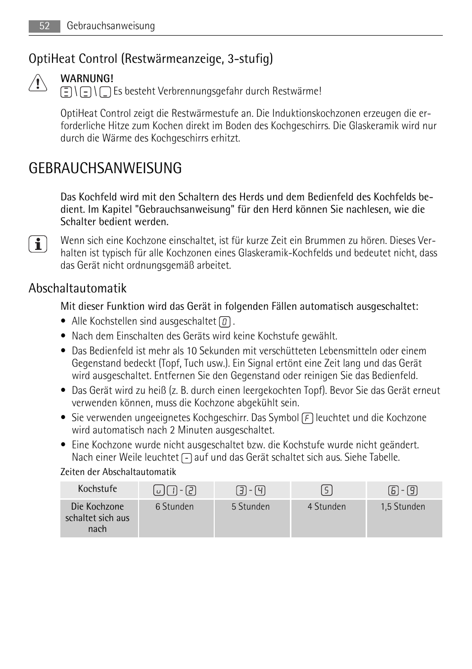 Gebrauchsanweisung, Optiheat control (restwärmeanzeige, 3-stufig), Abschaltautomatik | AEG HC652600EB User Manual | Page 52 / 60