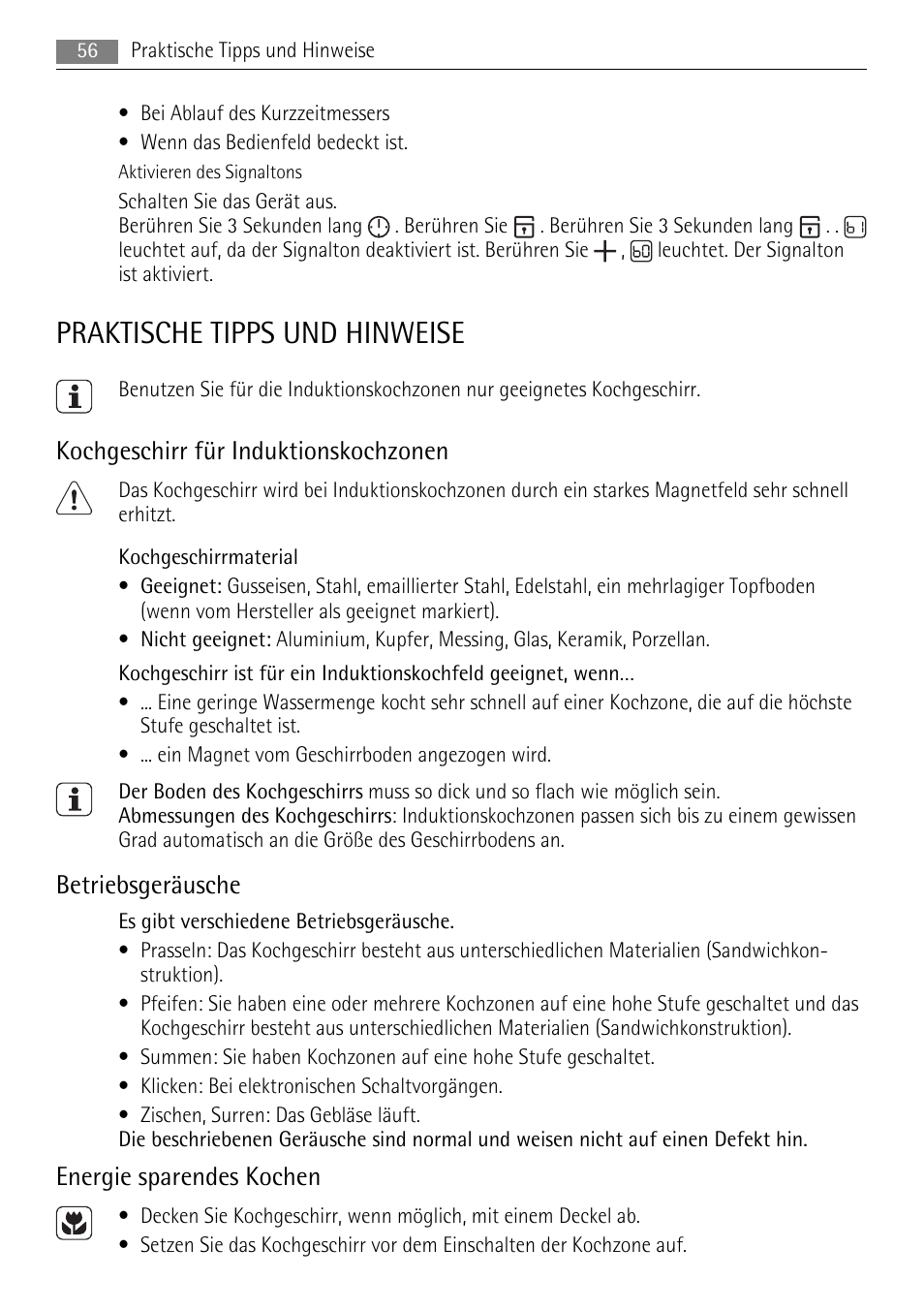 Praktische tipps und hinweise, Kochgeschirr für induktionskochzonen, Betriebsgeräusche | Energie sparendes kochen | AEG HC652600EB User Manual | Page 56 / 60