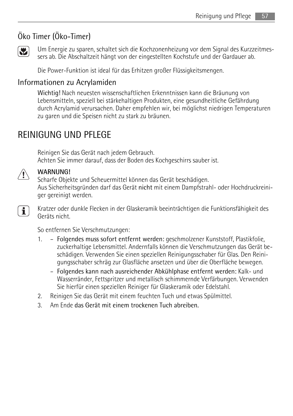 Reinigung und pflege, Öko timer (öko-timer), Informationen zu acrylamiden | AEG HC652600EB User Manual | Page 57 / 60