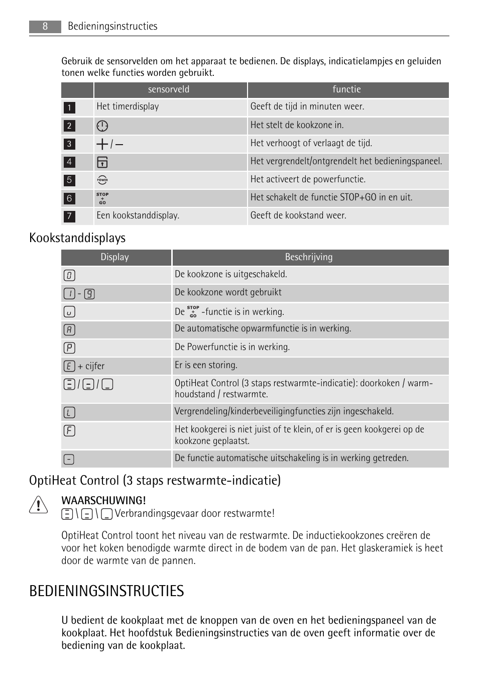 Bedieningsinstructies, Kookstanddisplays, Optiheat control (3 staps restwarmte-indicatie) | AEG HC652600EB User Manual | Page 8 / 60