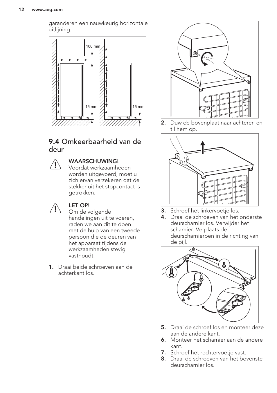 4 omkeerbaarheid van de deur | AEG S71449TSW0 User Manual | Page 12 / 60