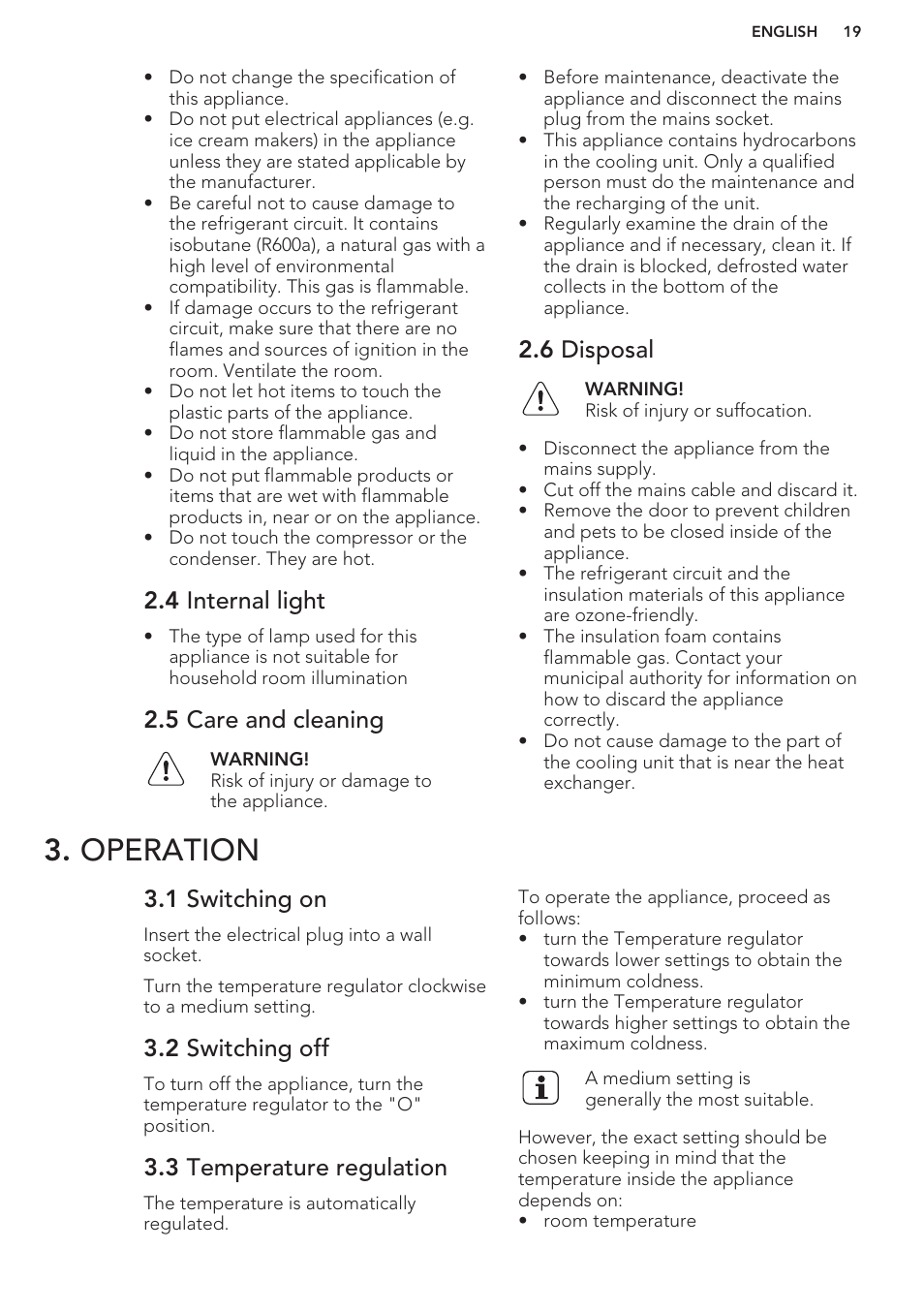 4 internal light, 5 care and cleaning, 6 disposal | Operation, 1 switching on, 2 switching off, 3 temperature regulation | AEG S71449TSW0 User Manual | Page 19 / 60