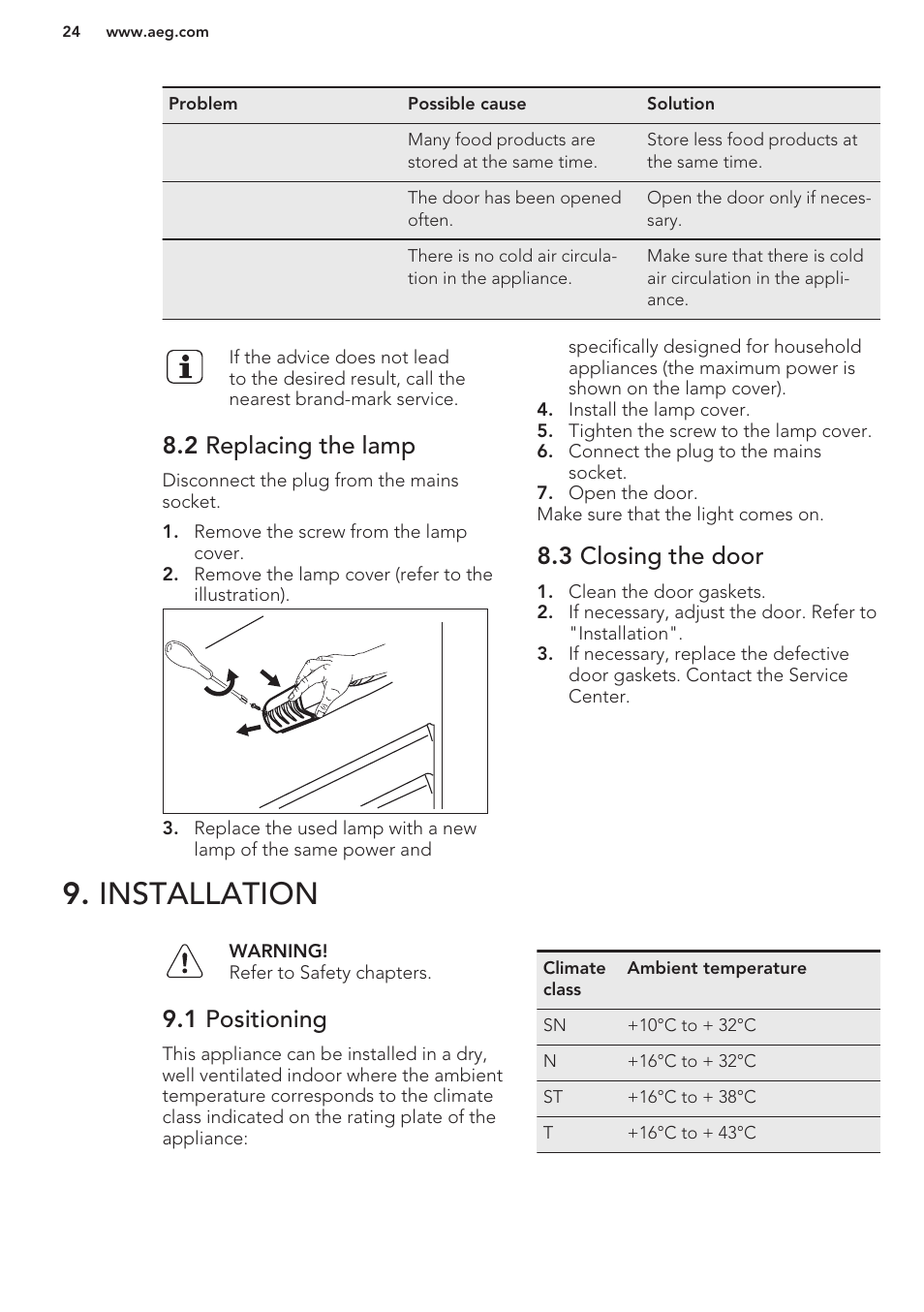 2 replacing the lamp, 3 closing the door, Installation | 1 positioning | AEG S71449TSW0 User Manual | Page 24 / 60