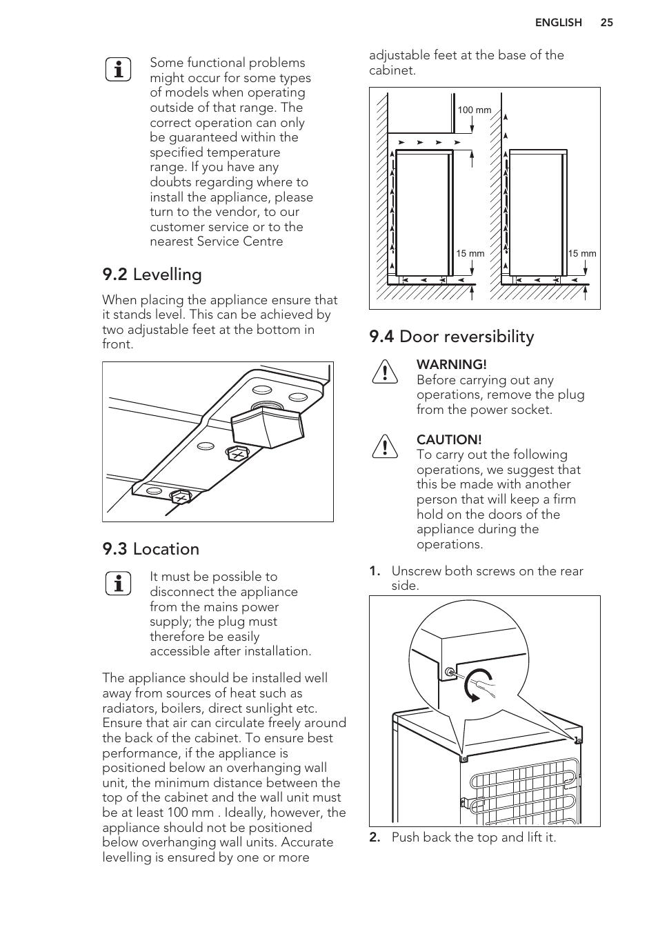 2 levelling, 3 location, 4 door reversibility | AEG S71449TSW0 User Manual | Page 25 / 60