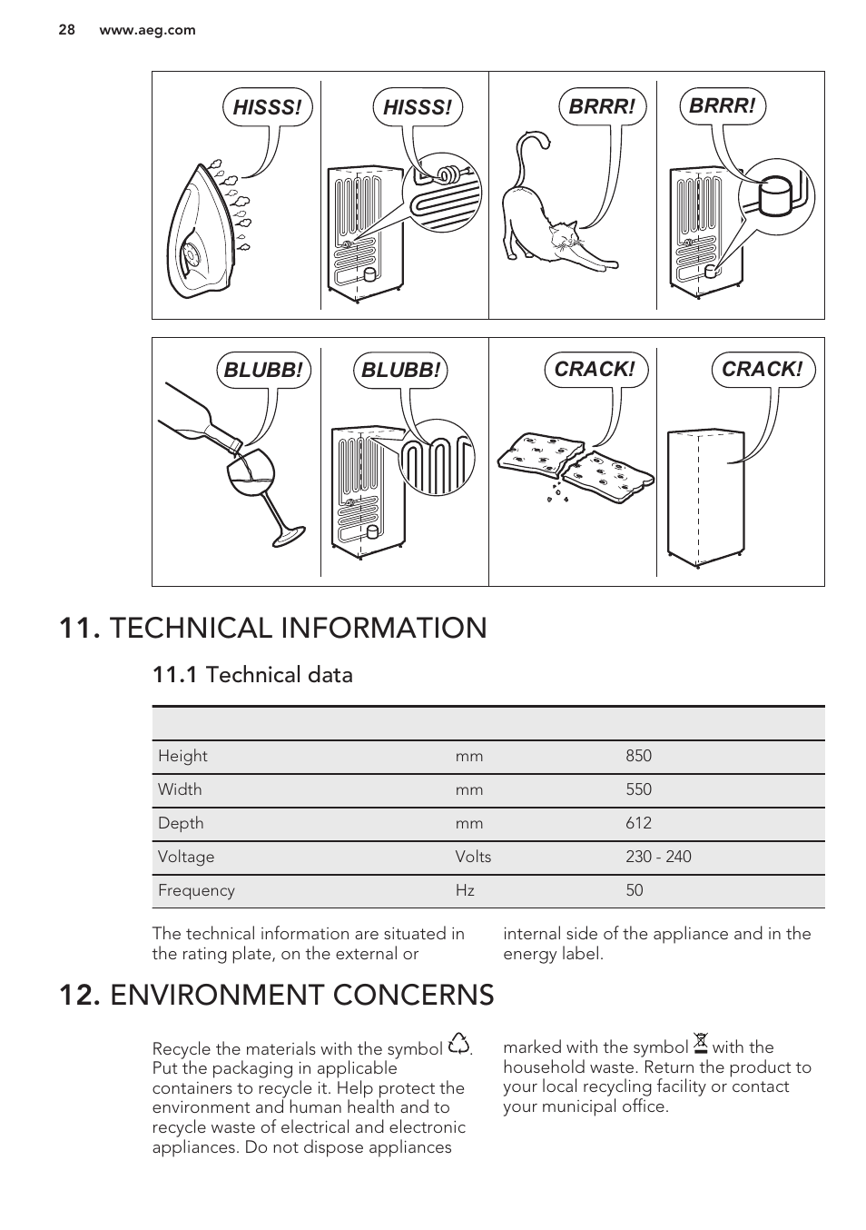Technical information, 1 technical data, Environment concerns | AEG S71449TSW0 User Manual | Page 28 / 60
