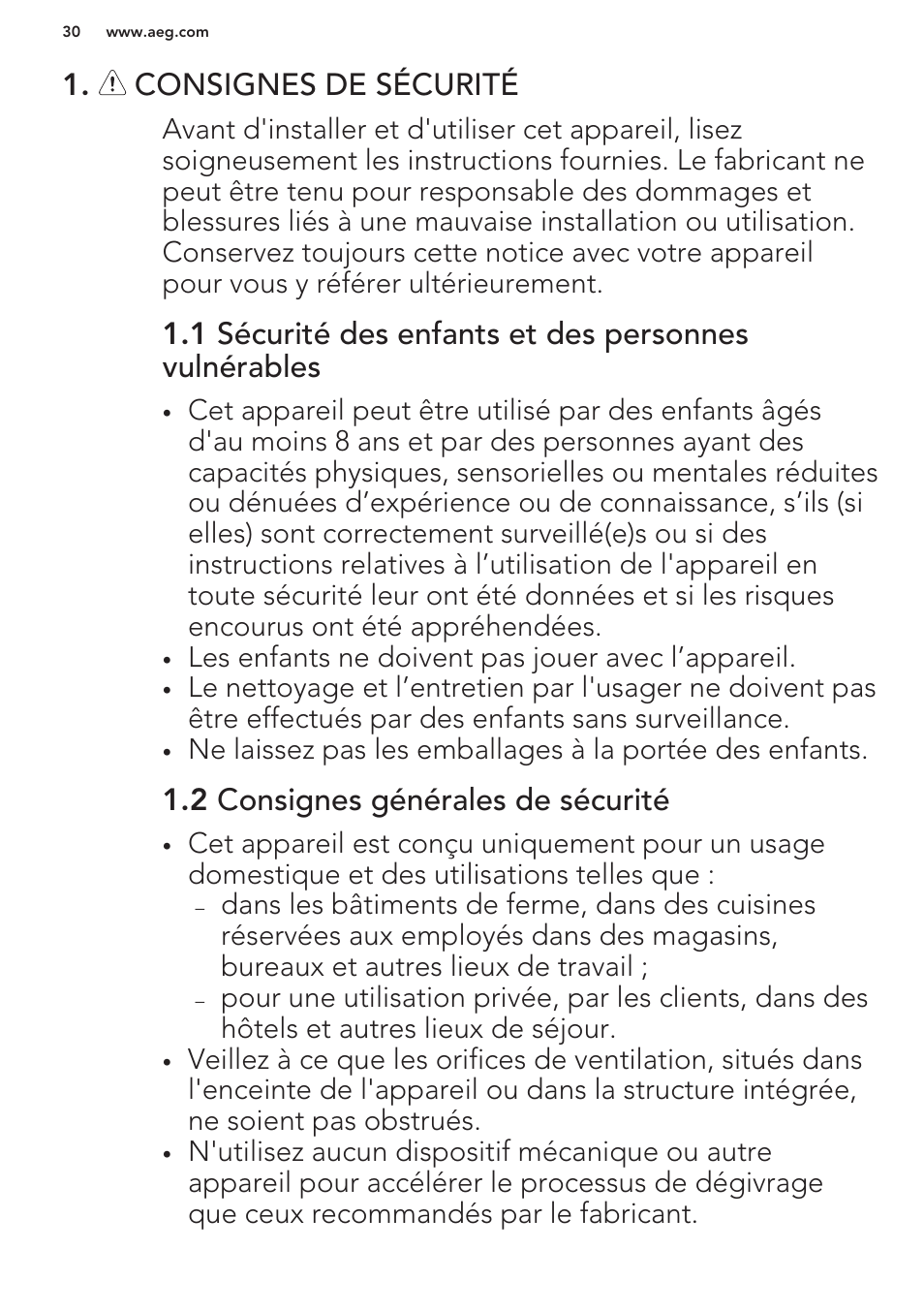 Consignes de sécurité, 2 consignes générales de sécurité | AEG S71449TSW0 User Manual | Page 30 / 60