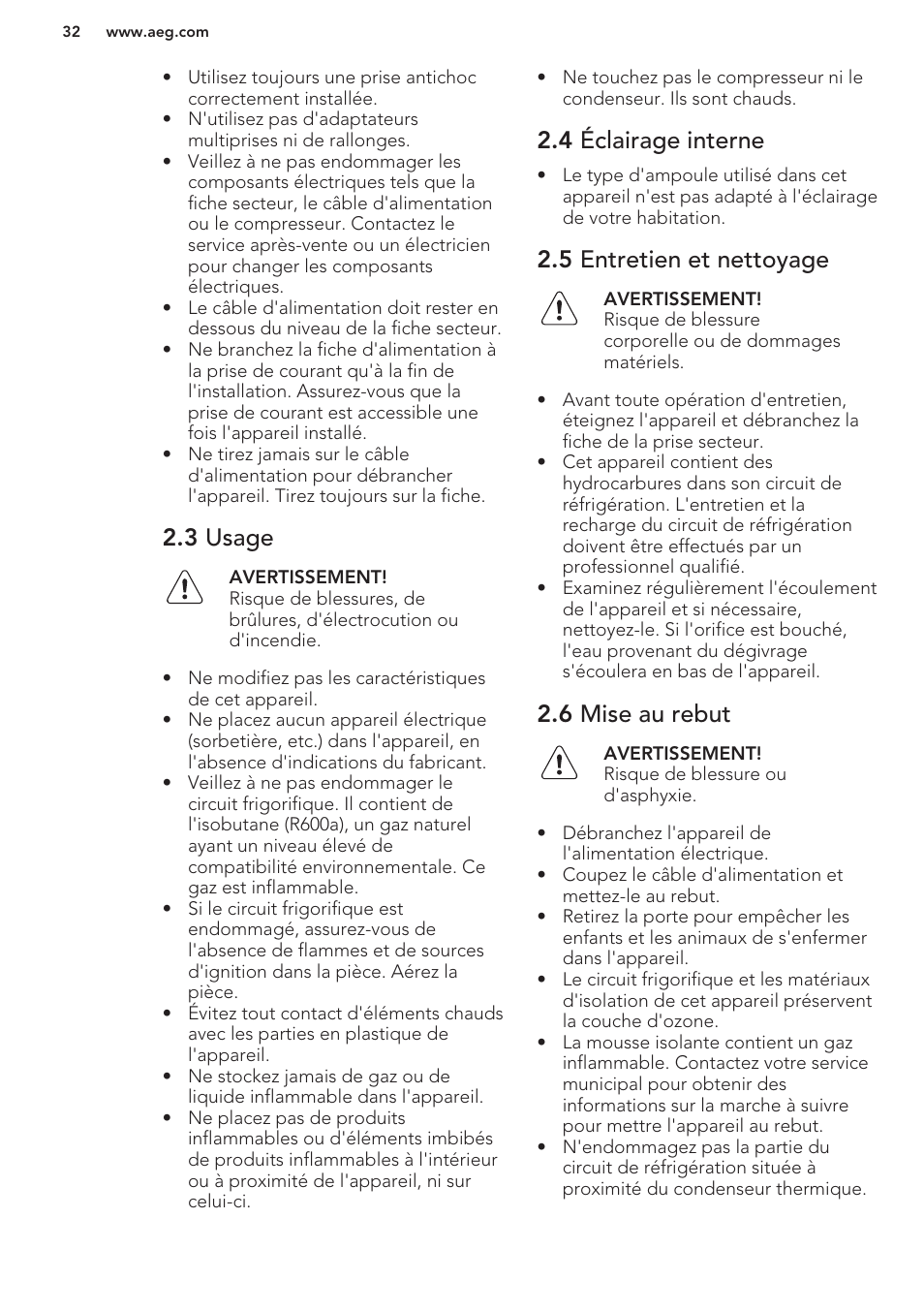 3 usage, 4 éclairage interne, 5 entretien et nettoyage | 6 mise au rebut | AEG S71449TSW0 User Manual | Page 32 / 60