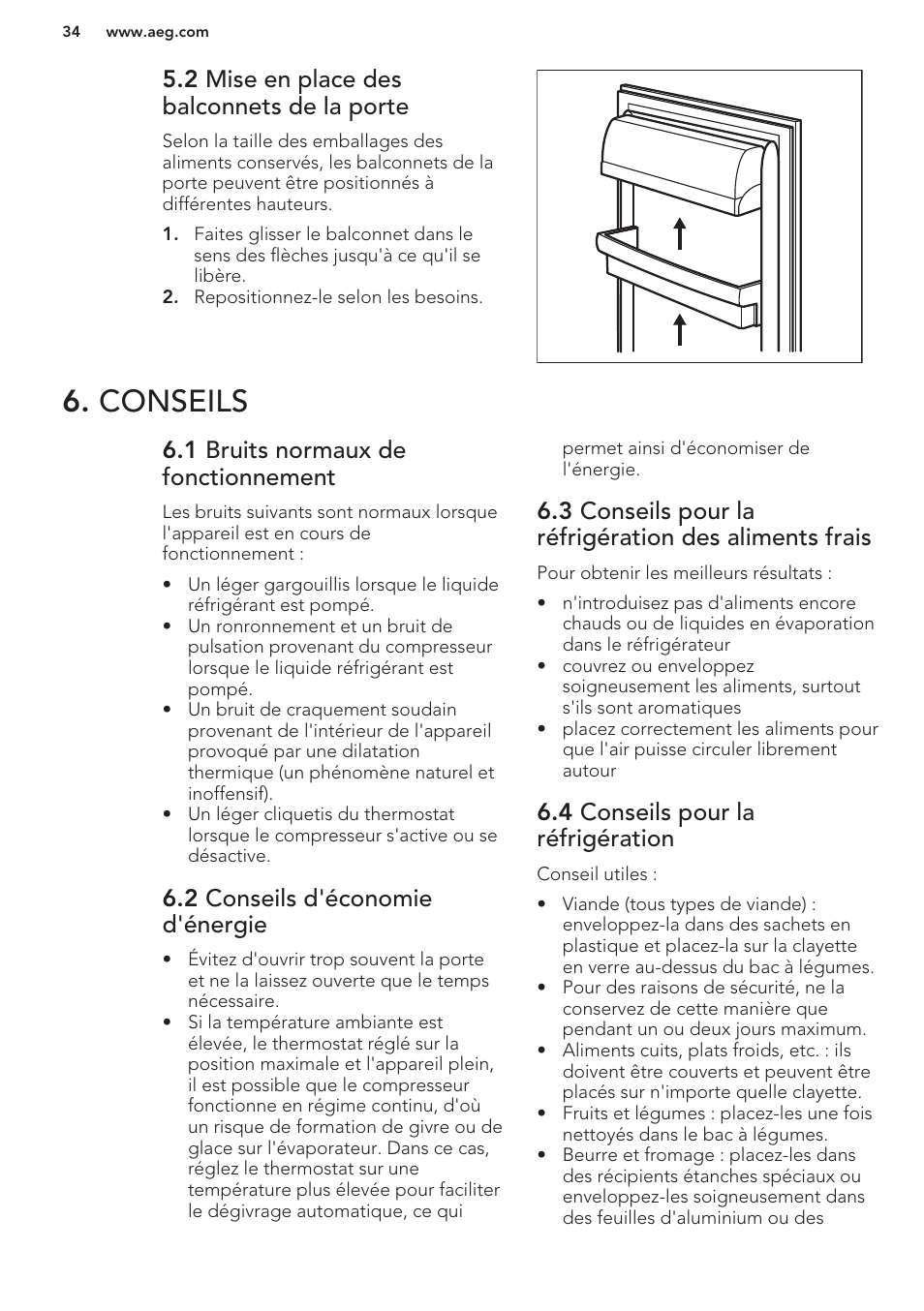 2 mise en place des balconnets de la porte, Conseils, 1 bruits normaux de fonctionnement | 2 conseils d'économie d'énergie, 4 conseils pour la réfrigération | AEG S71449TSW0 User Manual | Page 34 / 60