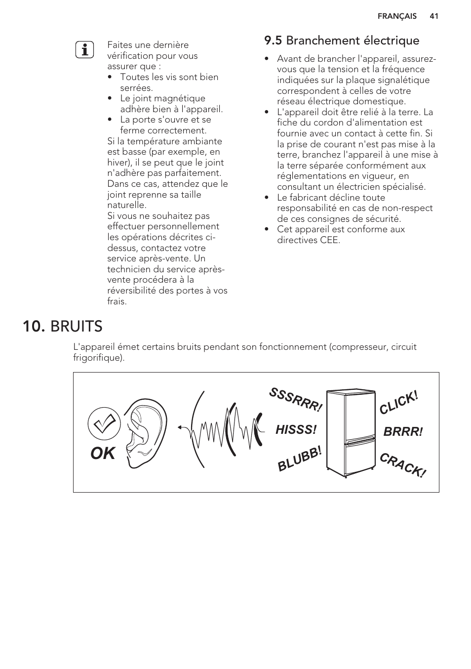 5 branchement électrique, Bruits, Brrr | Hisss! cl ic k! bl ub b! cr ac k! sssr r | AEG S71449TSW0 User Manual | Page 41 / 60