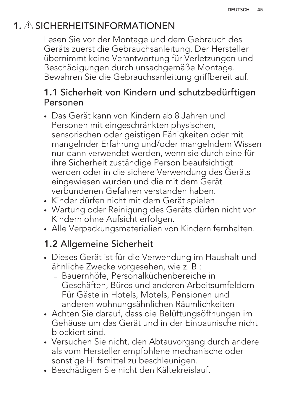 Sicherheitsinformationen, 2 allgemeine sicherheit | AEG S71449TSW0 User Manual | Page 45 / 60