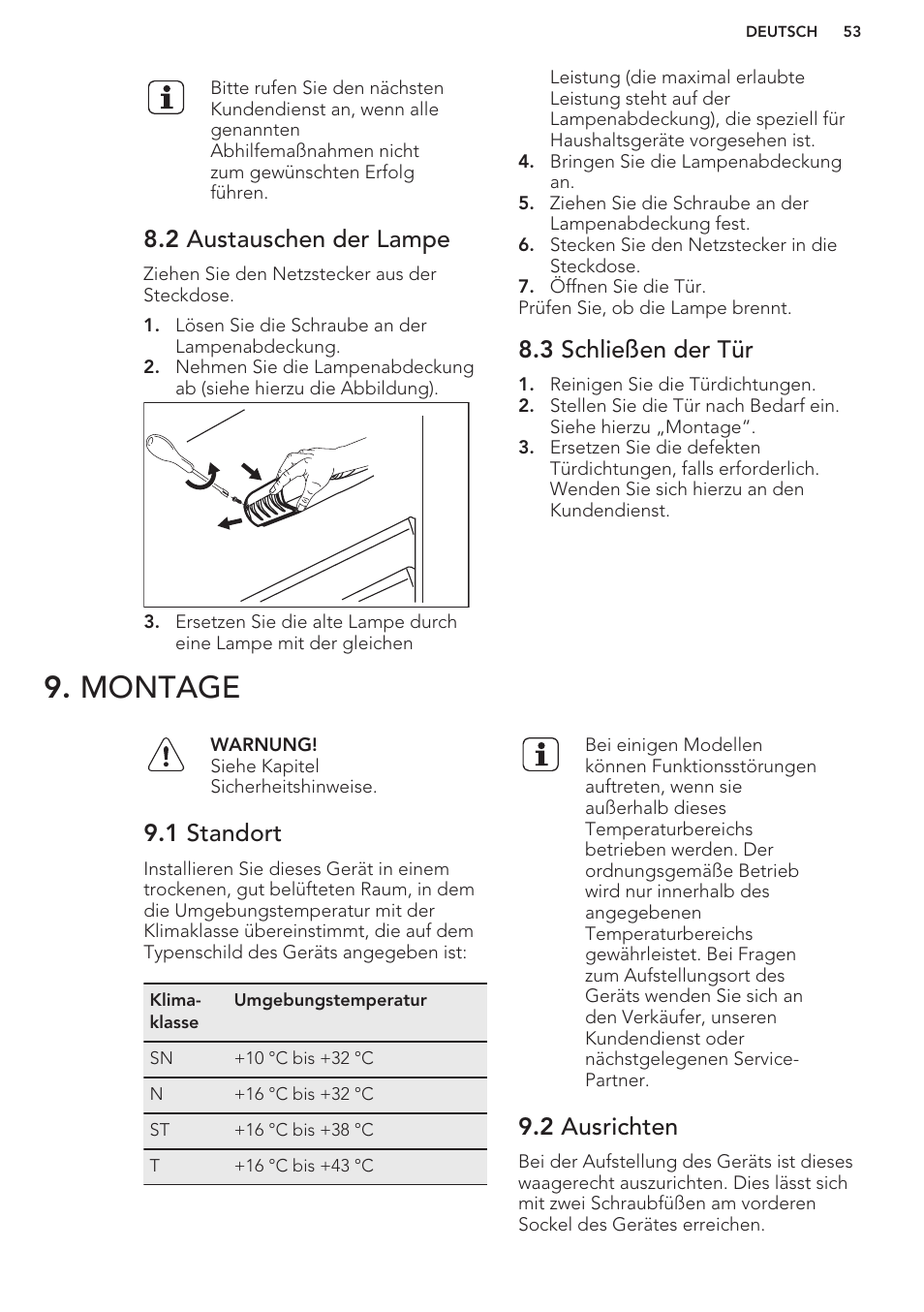 2 austauschen der lampe, 3 schließen der tür, Montage | 1 standort, 2 ausrichten | AEG S71449TSW0 User Manual | Page 53 / 60