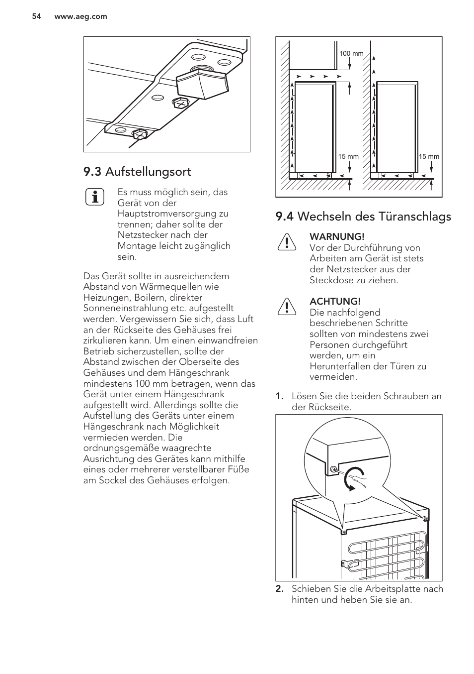 3 aufstellungsort, 4 wechseln des türanschlags | AEG S71449TSW0 User Manual | Page 54 / 60