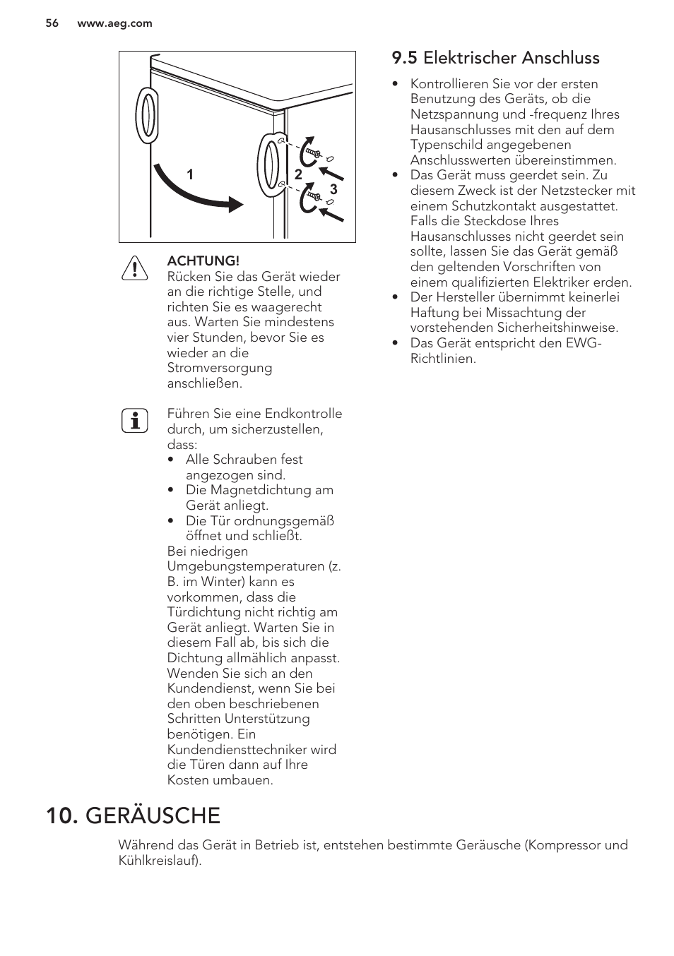 5 elektrischer anschluss, Geräusche | AEG S71449TSW0 User Manual | Page 56 / 60