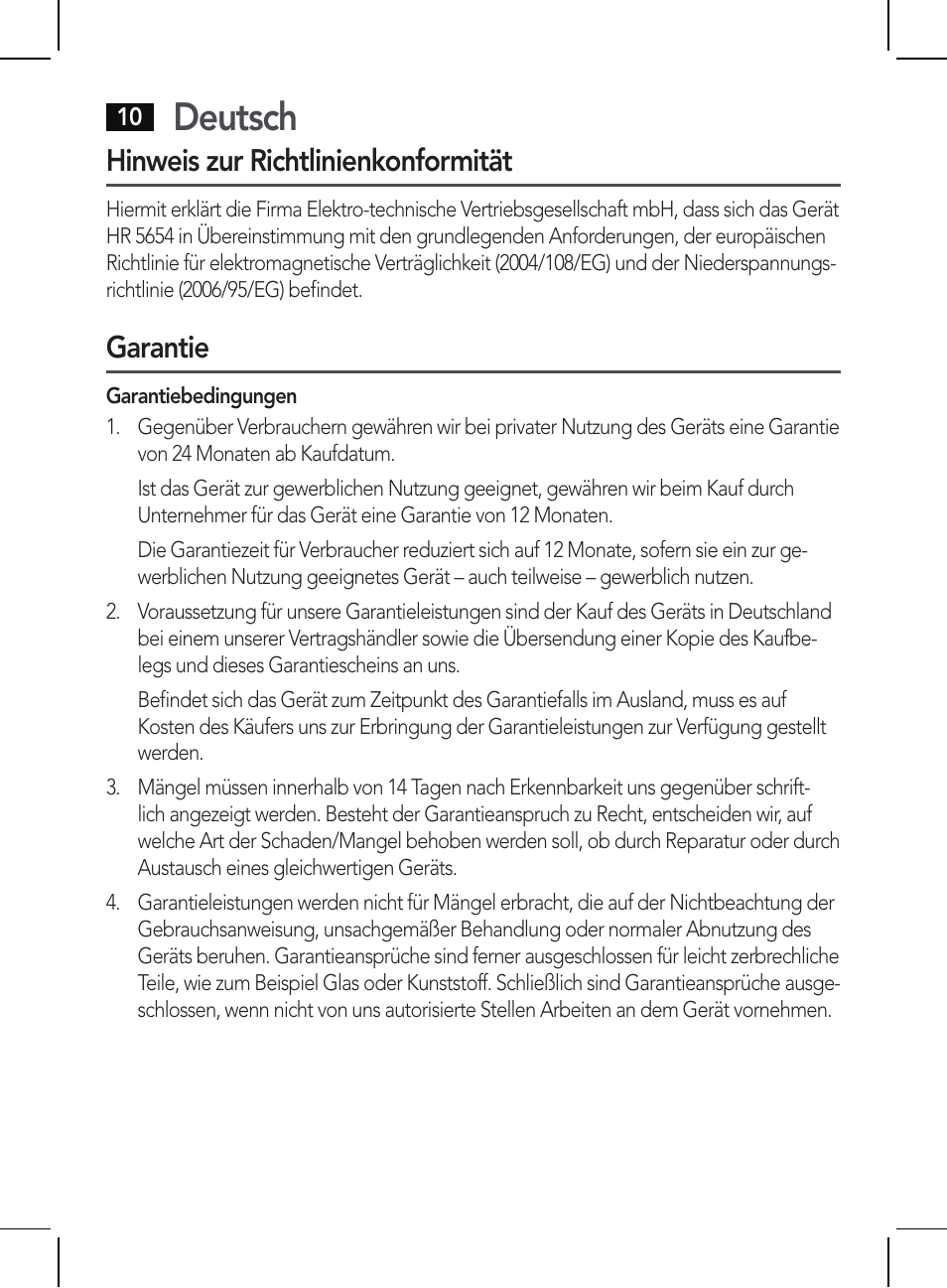 Deutsch, Hinweis zur richtlinienkonformität, Garantie | AEG HR 5654 User Manual | Page 10 / 82