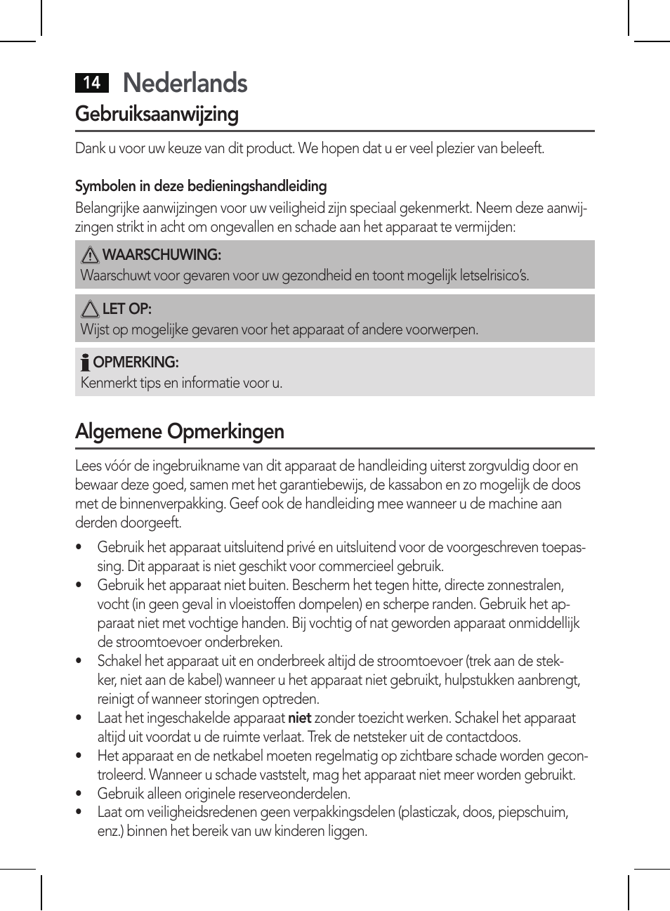 Nederlands, Gebruiksaanwijzing, Algemene opmerkingen | AEG HR 5654 User Manual | Page 14 / 82