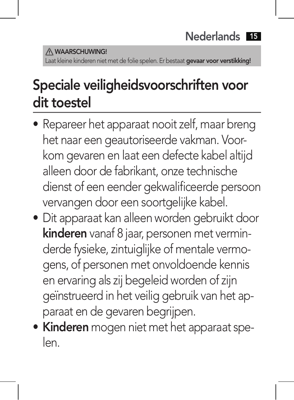 Speciale veiligheidsvoorschriften voor dit toestel, Nederlands | AEG HR 5654 User Manual | Page 15 / 82
