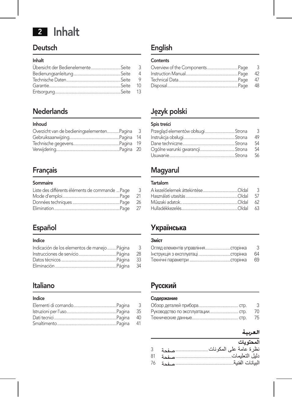 Inhalt, Deutsch, Nederlands | Français, Español, Italiano, English, Język polski, Magyarul, Українська | AEG HR 5654 User Manual | Page 2 / 82