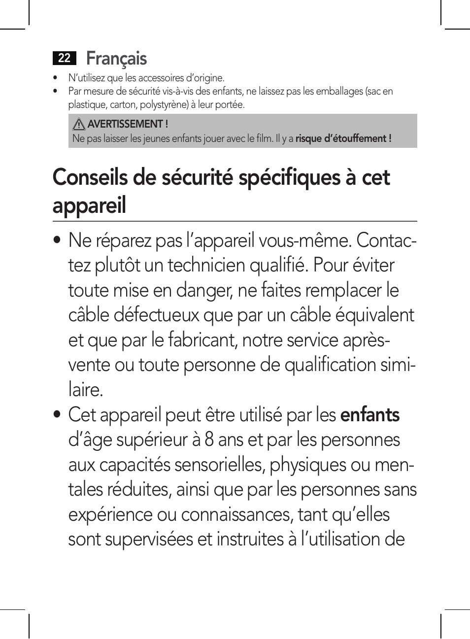 Conseils de sécurité spécifiques à cet appareil, Français | AEG HR 5654 User Manual | Page 22 / 82