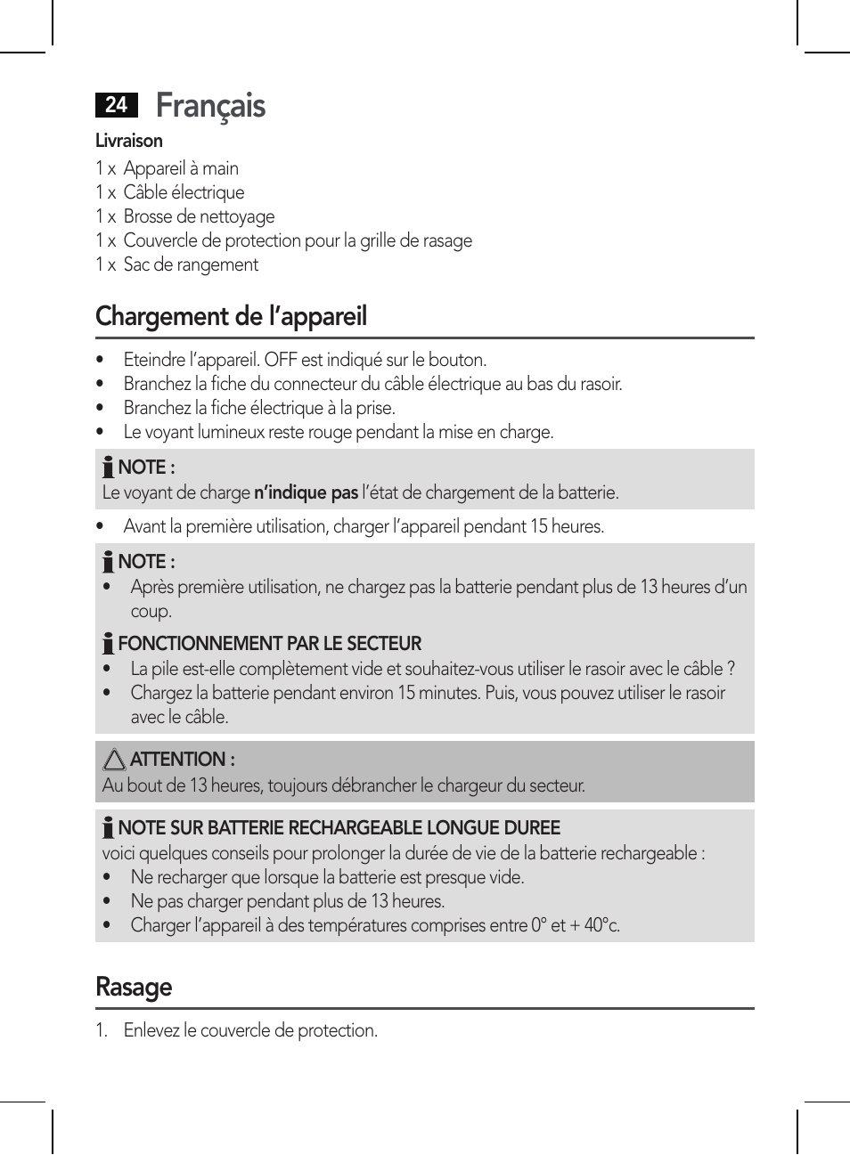 Français, Chargement de l’appareil, Rasage | AEG HR 5654 User Manual | Page 24 / 82