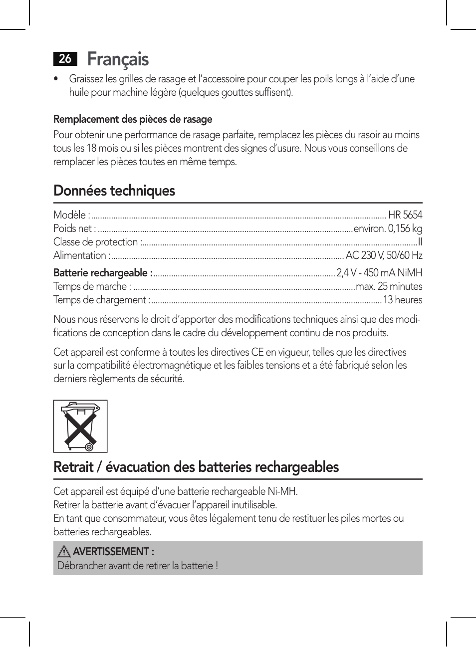 Français, Données techniques, Retrait / évacuation des batteries rechargeables | AEG HR 5654 User Manual | Page 26 / 82