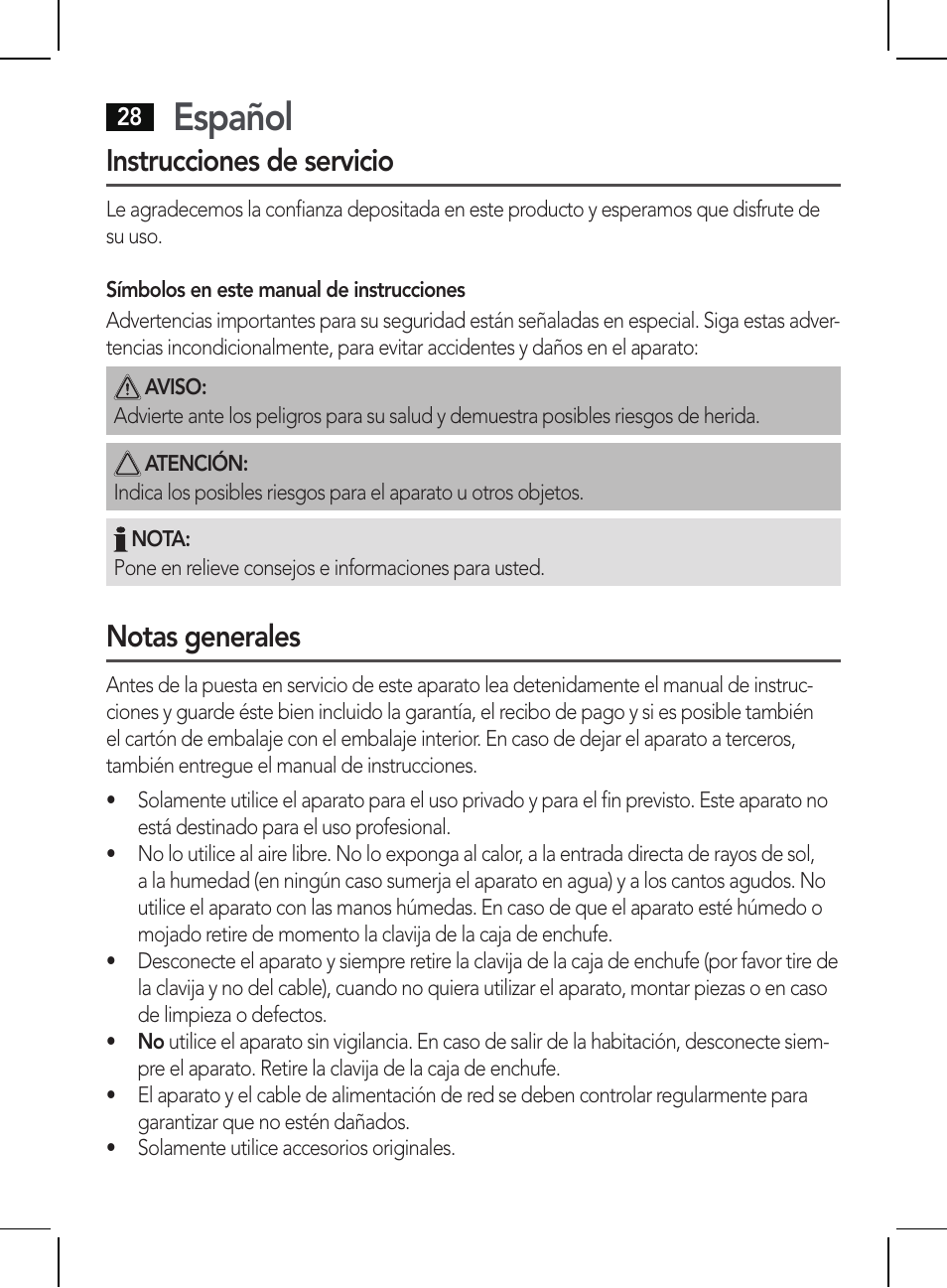 Español, Instrucciones de servicio, Notas generales | AEG HR 5654 User Manual | Page 28 / 82