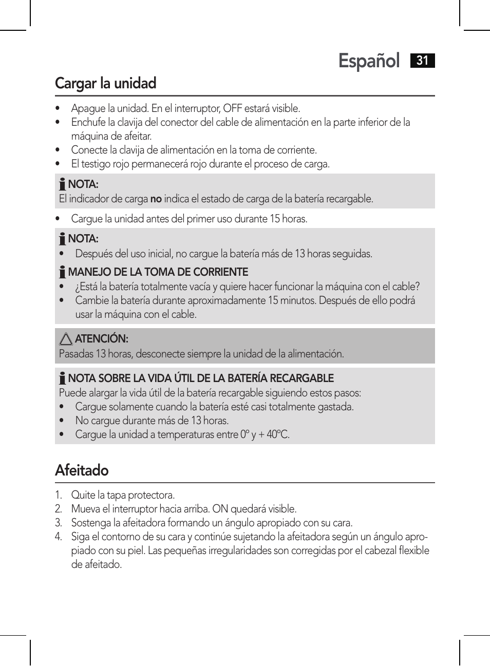 Español, Cargar la unidad, Afeitado | AEG HR 5654 User Manual | Page 31 / 82