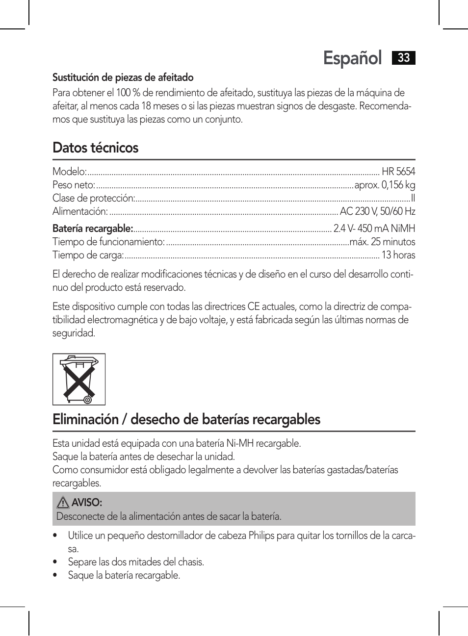 Español, Datos técnicos, Eliminación / desecho de baterías recargables | AEG HR 5654 User Manual | Page 33 / 82