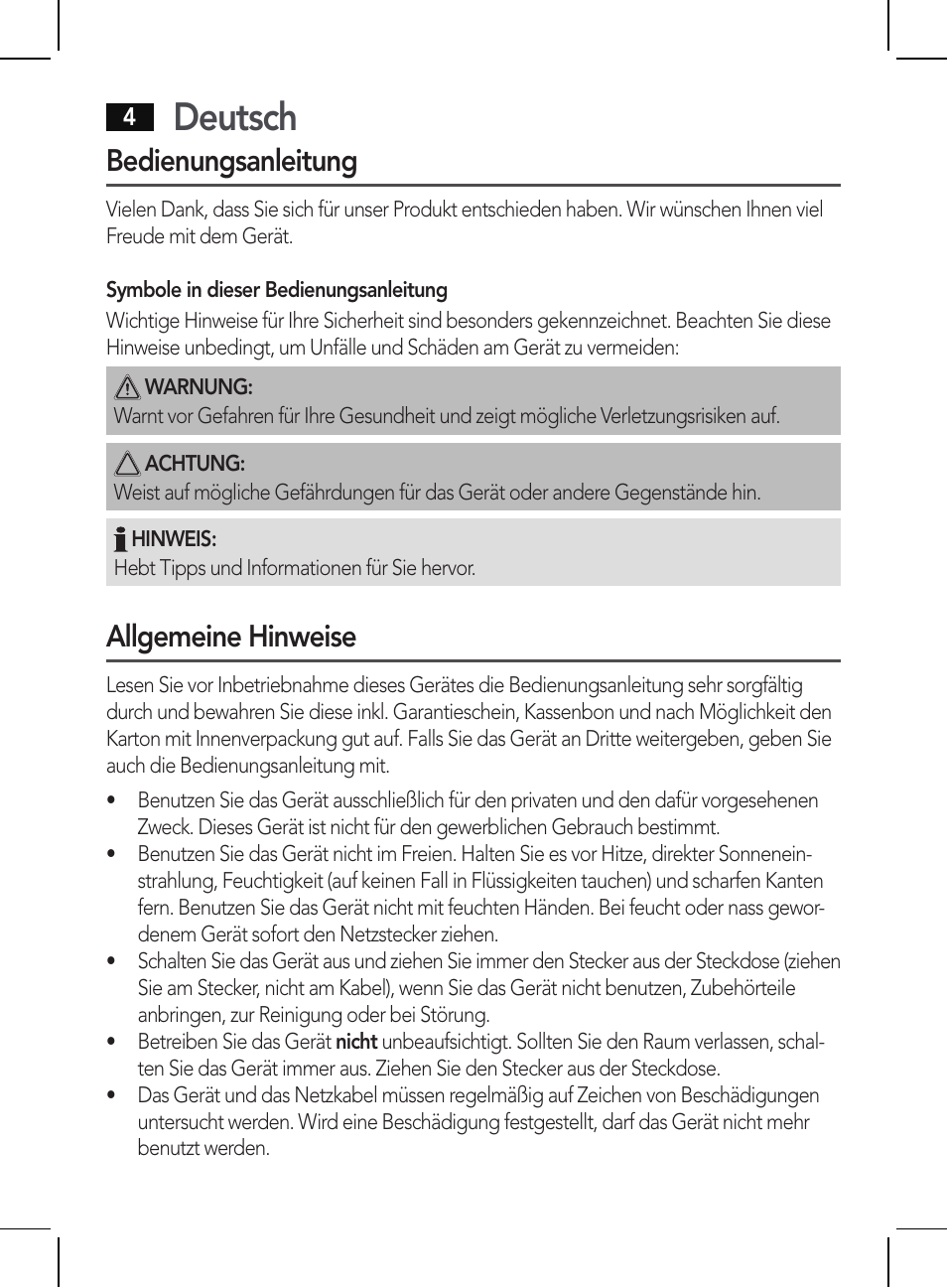 Deutsch, Bedienungsanleitung, Allgemeine hinweise | AEG HR 5654 User Manual | Page 4 / 82