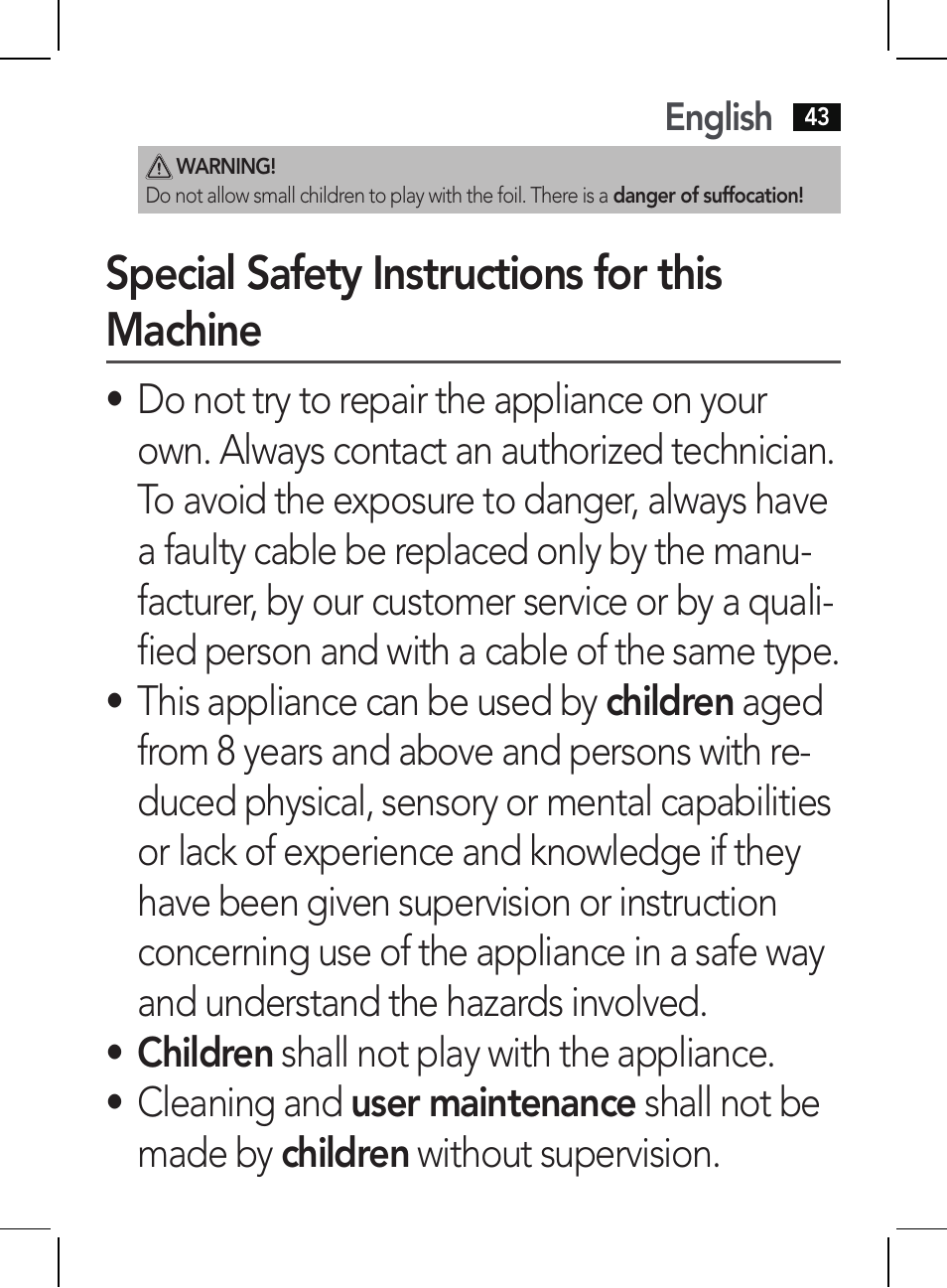 Special safety instructions for this machine | AEG HR 5654 User Manual | Page 43 / 82