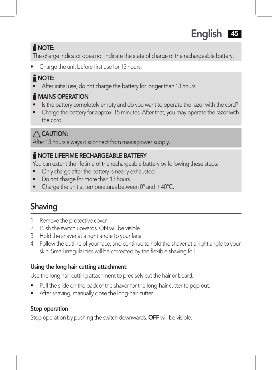English, Shaving | AEG HR 5654 User Manual | Page 45 / 82