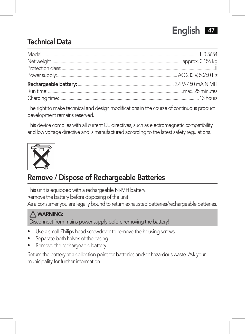 English, Technical data, Remove / dispose of rechargeable batteries | AEG HR 5654 User Manual | Page 47 / 82