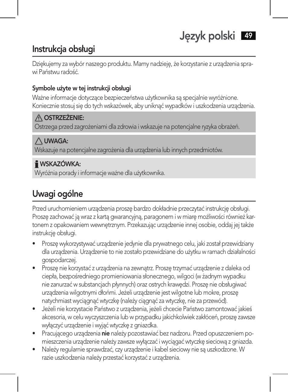 Język polski, Instrukcja obsługi, Uwagi ogólne | AEG HR 5654 User Manual | Page 49 / 82