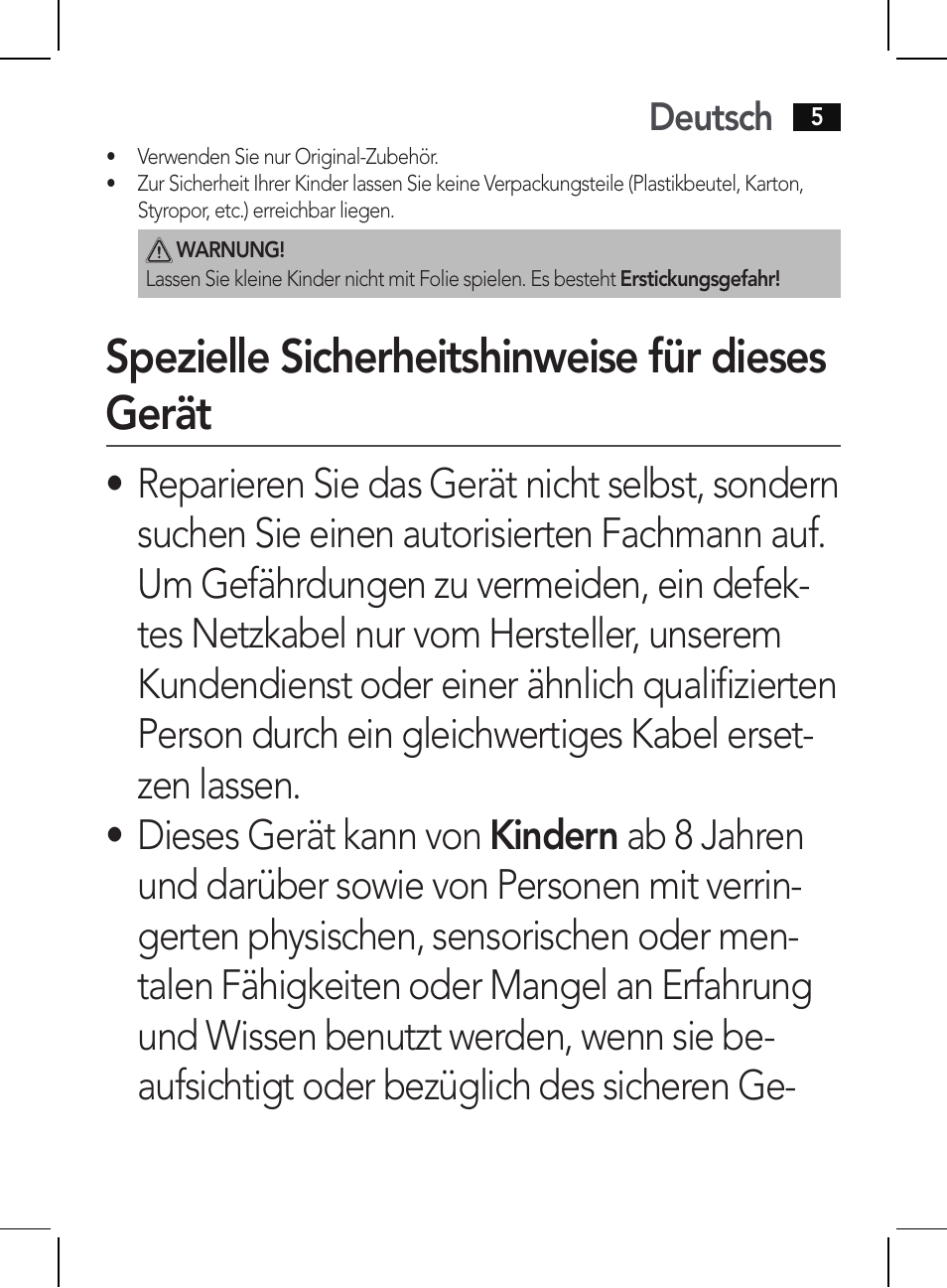 Spezielle sicherheitshinweise für dieses gerät, Deutsch | AEG HR 5654 User Manual | Page 5 / 82