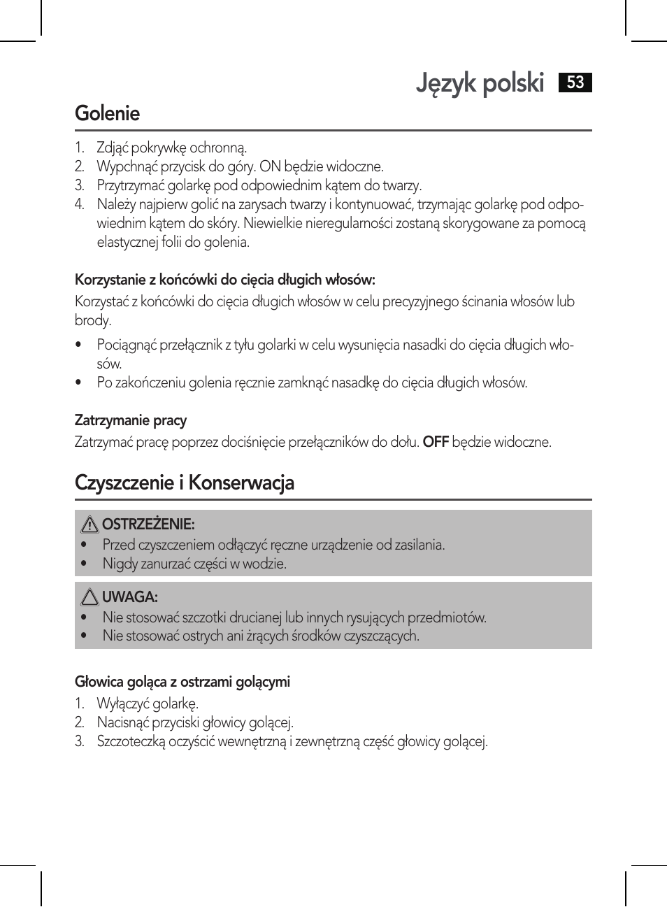 Język polski, Golenie, Czyszczenie i konserwacja | AEG HR 5654 User Manual | Page 53 / 82