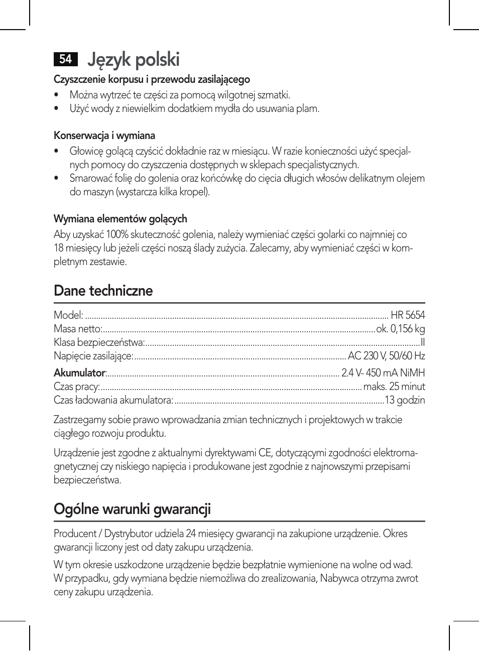 Język polski, Dane techniczne, Ogólne warunki gwarancji | AEG HR 5654 User Manual | Page 54 / 82