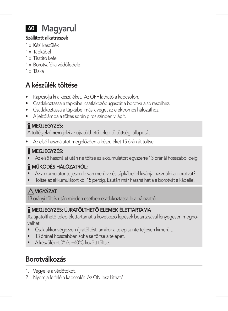 Magyarul, A készülék töltése, Borotválkozás | AEG HR 5654 User Manual | Page 60 / 82