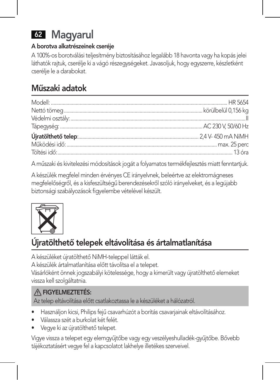 Magyarul, Műszaki adatok | AEG HR 5654 User Manual | Page 62 / 82