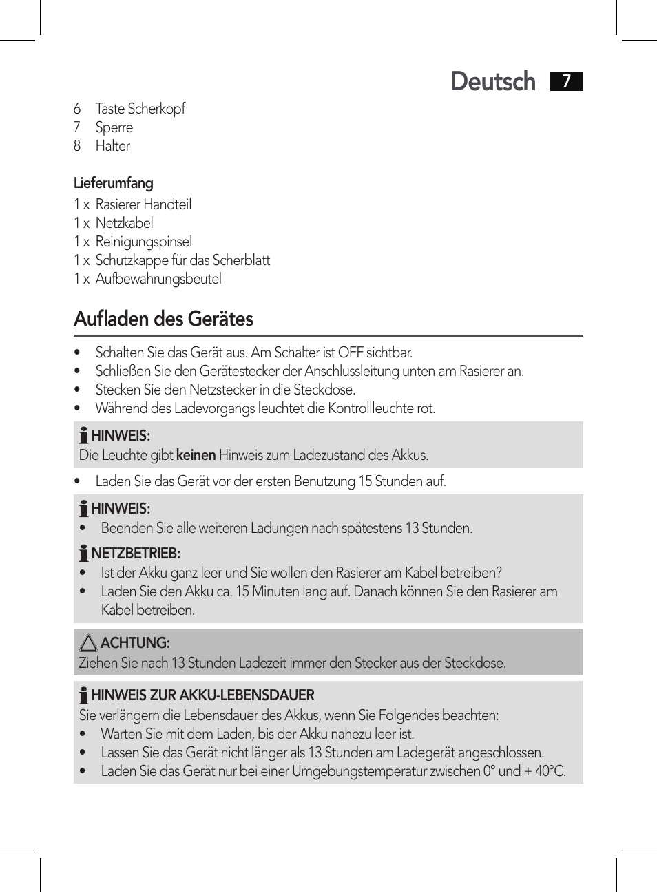 Deutsch, Aufladen des gerätes | AEG HR 5654 User Manual | Page 7 / 82