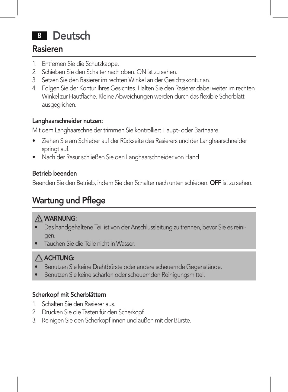 Deutsch, Rasieren, Wartung und pflege | AEG HR 5654 User Manual | Page 8 / 82