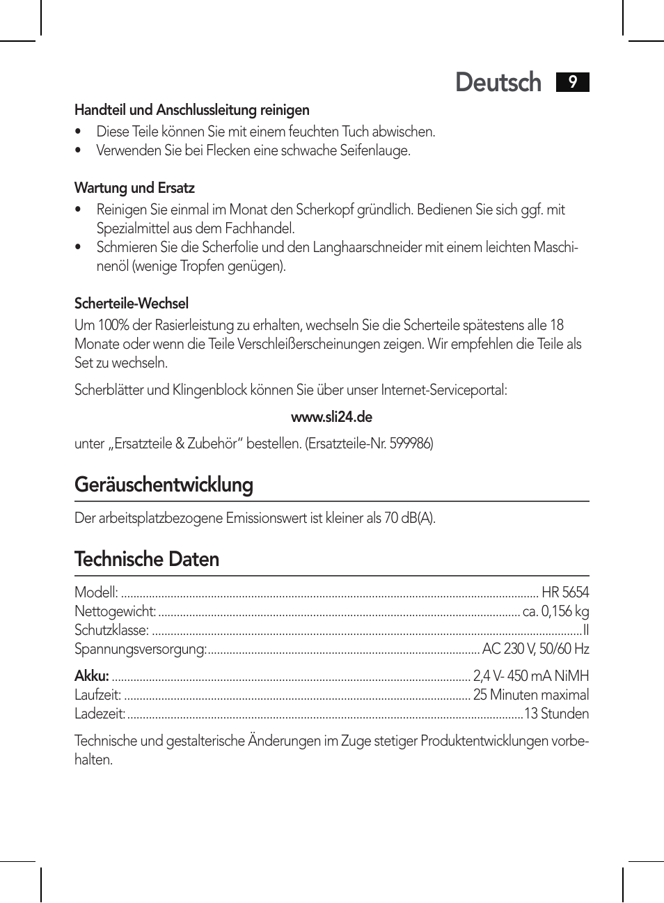 Deutsch, Geräuschentwicklung, Technische daten | AEG HR 5654 User Manual | Page 9 / 82