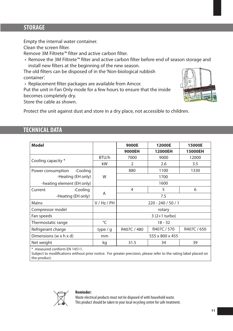 Technical data, Storage | Amcor 12000E User Manual | Page 11 / 12