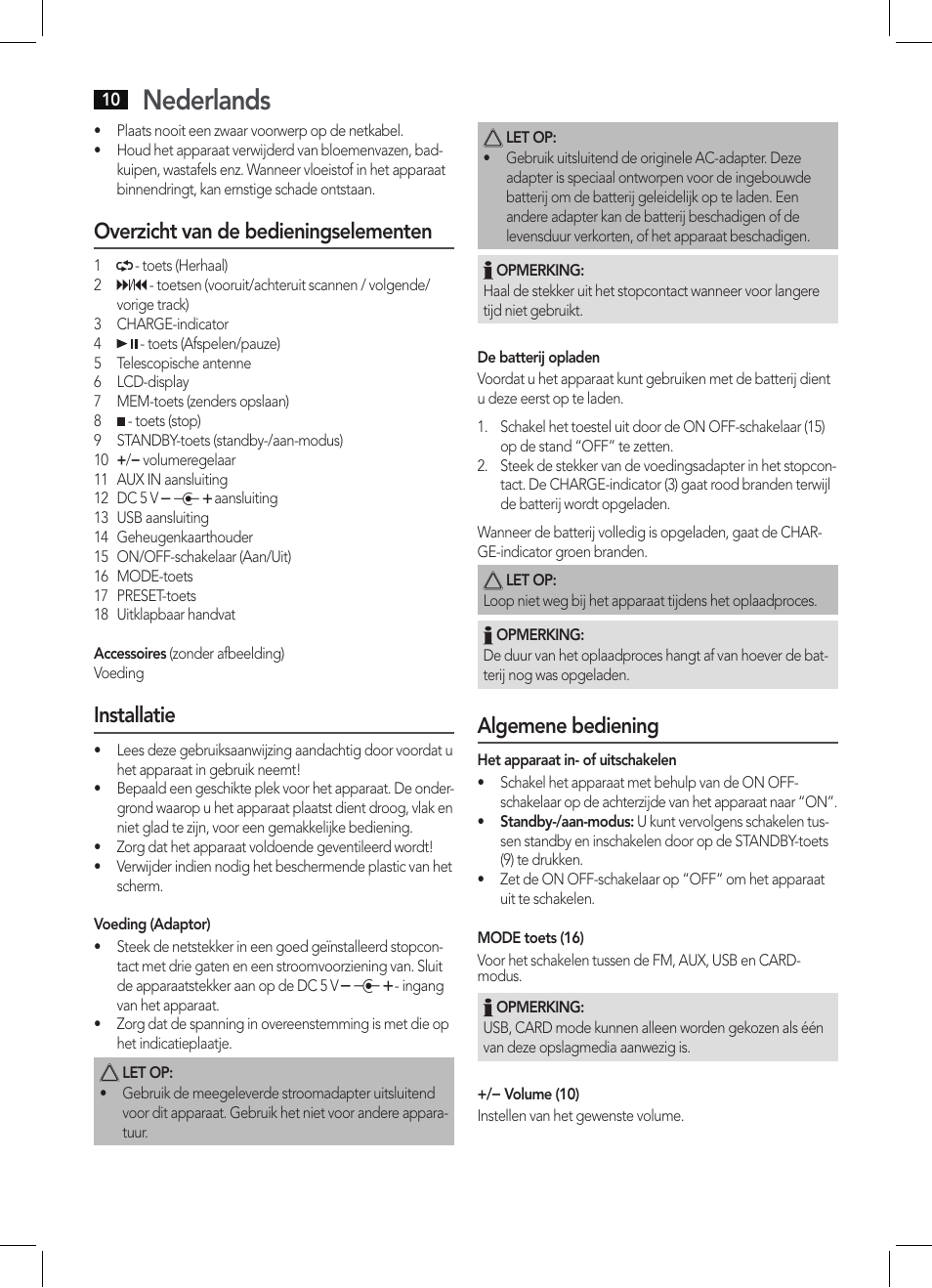 Nederlands, Overzicht van de bedieningselementen, Installatie | Algemene bediening | AEG MMR 4133 User Manual | Page 10 / 30
