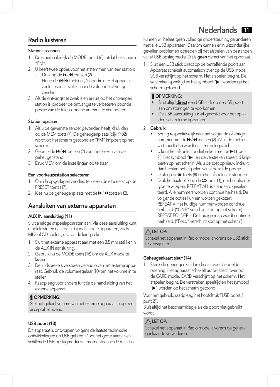 Nederlands, Radio luisteren, Aansluiten van externe apparaten | AEG MMR 4133 User Manual | Page 11 / 30