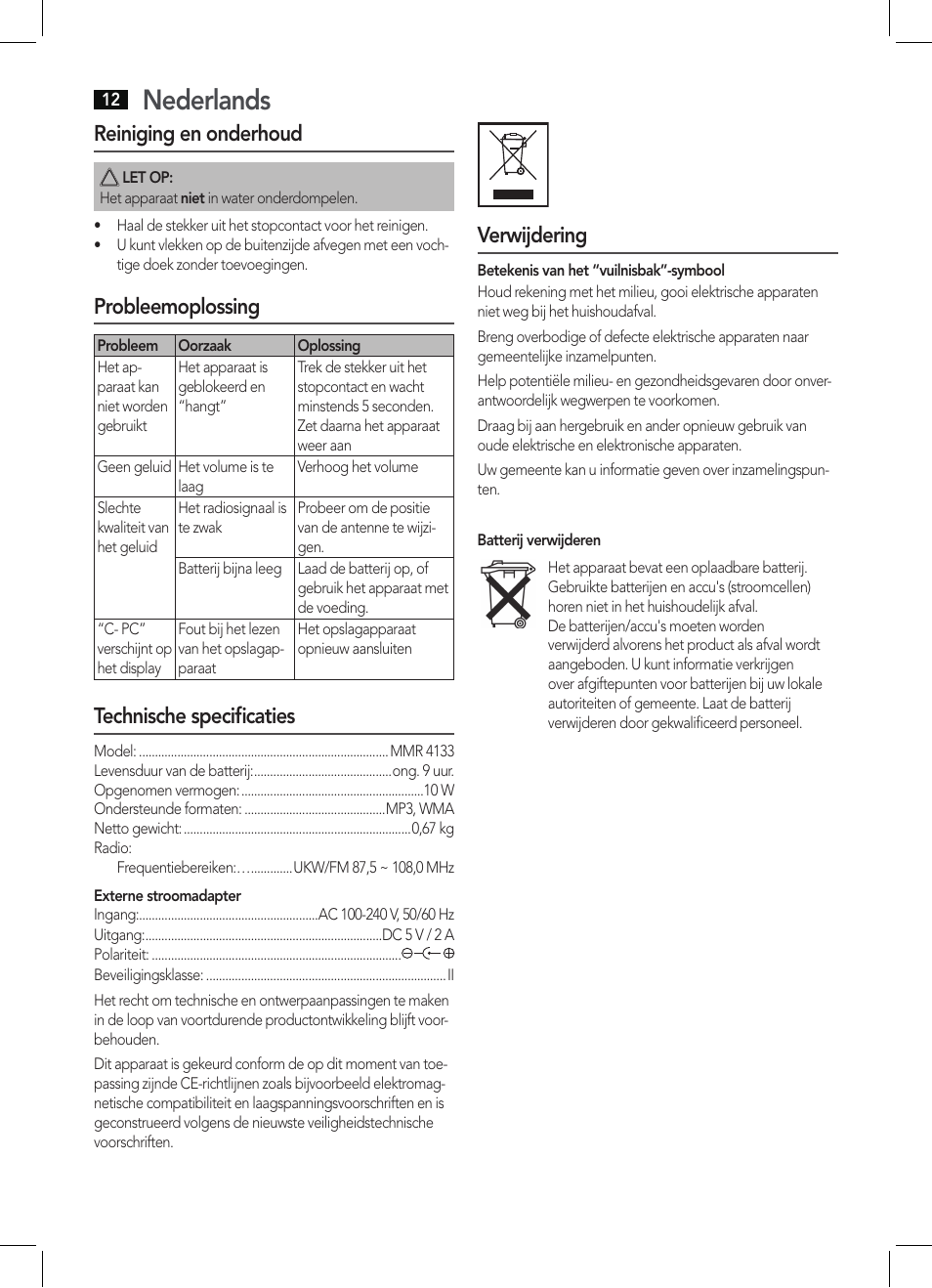 Nederlands, Reiniging en onderhoud, Probleemoplossing | Technische specificaties, Verwijdering | AEG MMR 4133 User Manual | Page 12 / 30