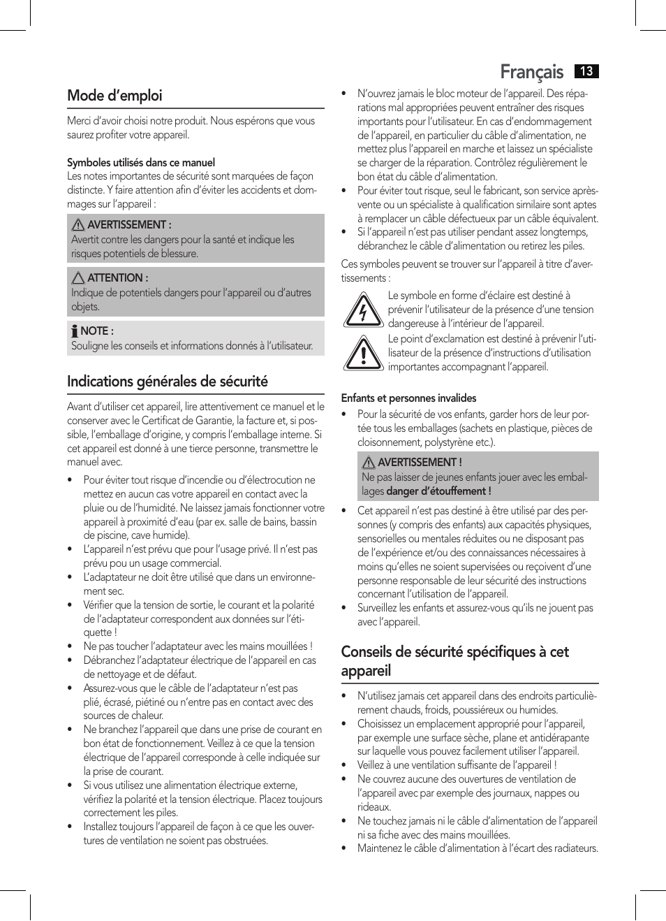 Français, Mode d’emploi, Indications générales de sécurité | Conseils de sécurité spécifiques à cet appareil | AEG MMR 4133 User Manual | Page 13 / 30